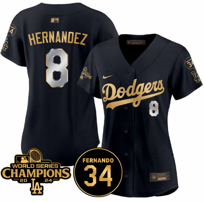 Youth Los Angeles Dodgers #8 Enrique Hernández Black/Gold 2024 World Series Champions & Fernando Memorial Patch Limited Stitched Baseball Jersey